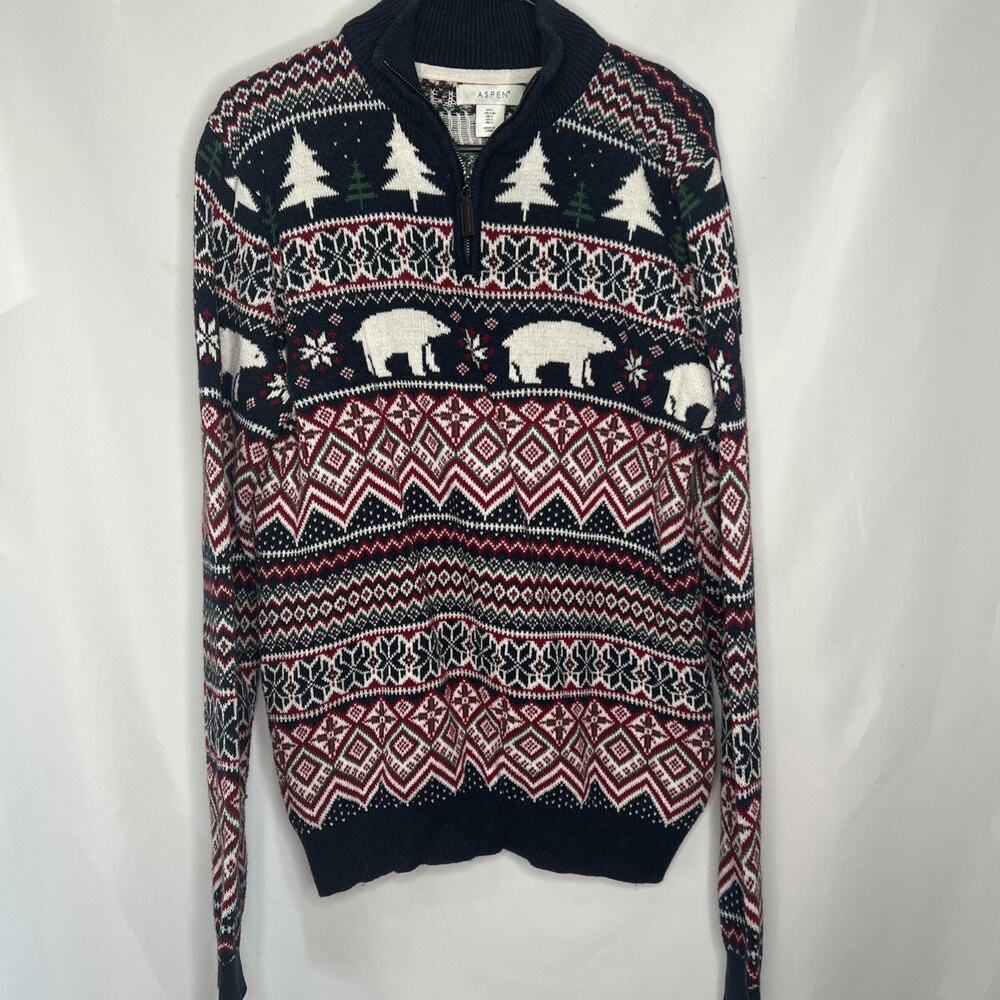 ASPEN Fair Isle Polar Bear Christmas Holiday 1/4 Zip Knit Sweater Size Large
